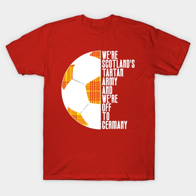 Scotland's Tartan Army, White and Yellow Tartan Ball and Text Design T-Shirt by MacPean